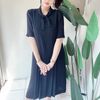 純素黑領部結打摺直筒 古著紡紗洋裝連衣裙連身裙 vintage dress-0