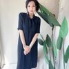 純素黑領部結打摺直筒 古著紡紗洋裝連衣裙連身裙 vintage dress-1