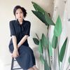 純素黑領部結打摺直筒 古著紡紗洋裝連衣裙連身裙 vintage dress-2