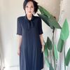 純素黑領部結打摺直筒 古著紡紗洋裝連衣裙連身裙 vintage dress-3