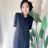 純素黑領部結打摺直筒 古著紡紗洋裝連衣裙連身裙 vintage dress-4