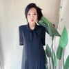 純素黑領部結打摺直筒 古著紡紗洋裝連衣裙連身裙 vintage dress-5