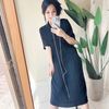 純素黑領部結打摺直筒 古著紡紗洋裝連衣裙連身裙 vintage dress-6
