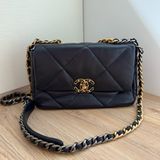 CHANEL 19 口蓋包 菱格紋 手提 肩背包 深藍19包 26CM 原廠盒子/防塵袋