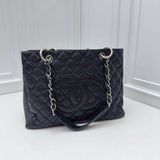 香奈兒/Chanel GST黑銀荔枝紋牛皮托特包 菱格紋+雙C標誌