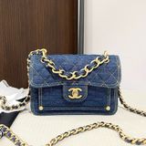 CHANEL香奈兒 23S 金標鏈條菱格 牛仔材質金色五金 郵差包手提單肩斜挎包 小號