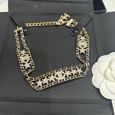 Chanel|專櫃正品 滿鑽星星雙C皮穿鏈choker項鍊-2