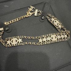 Chanel|專櫃正品 滿鑽星星雙C皮穿鏈choker項鍊-3