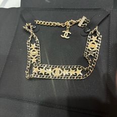 Chanel|專櫃正品 滿鑽星星雙C皮穿鏈choker項鍊-5