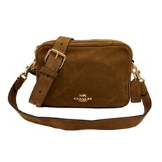 【全新】COACH 新款麂皮女款斜背雙層相機包(咖)-0