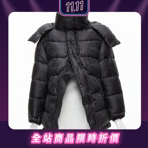 new BALENCIAGA 2019 black all logo jacquard Swing hooded quilted puffer coat FR36 S 2024 11 PopChill