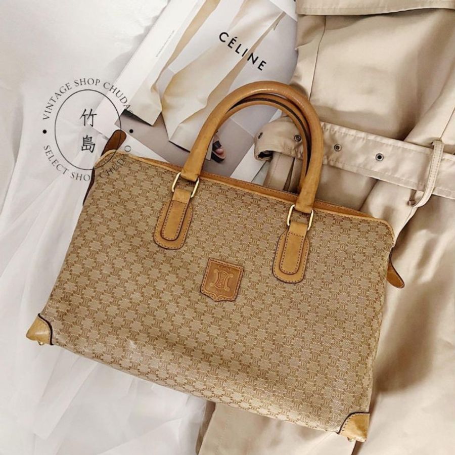 義大利製 絕版Celine 米色老花 PVC x 小牛皮革手提波士頓包-1