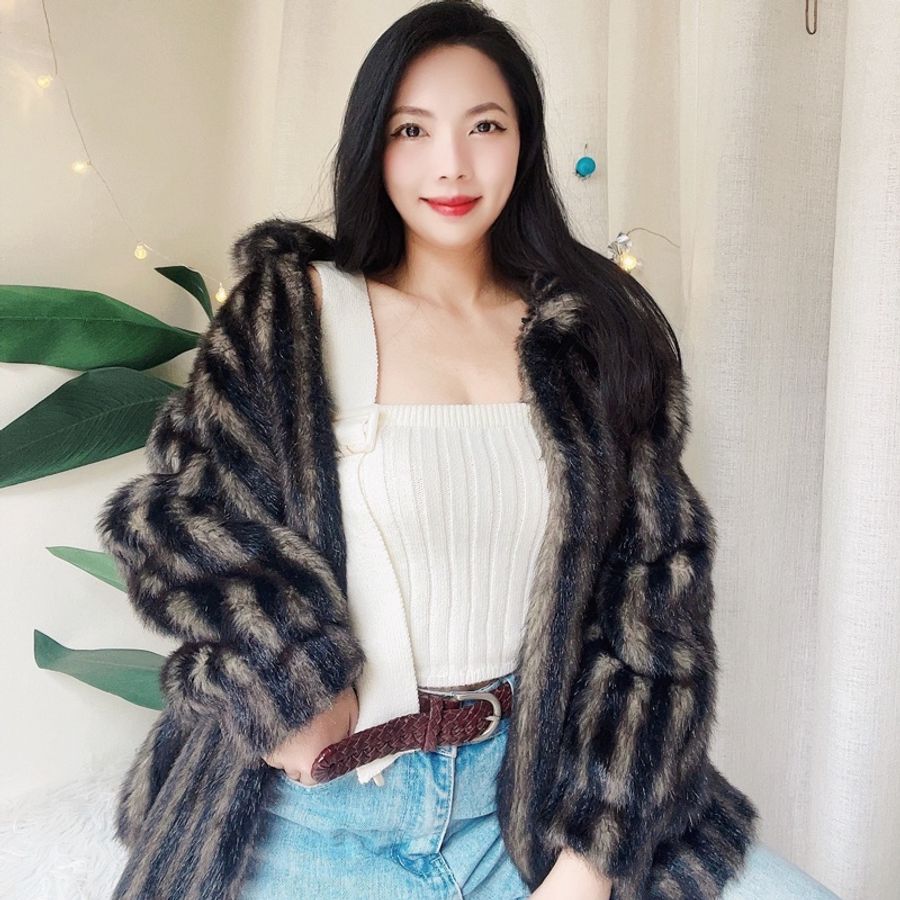 咖x黑雙色翻領華麗貴氣直紋澎澎手袖 古董環保皮草毛質大衣外套-0