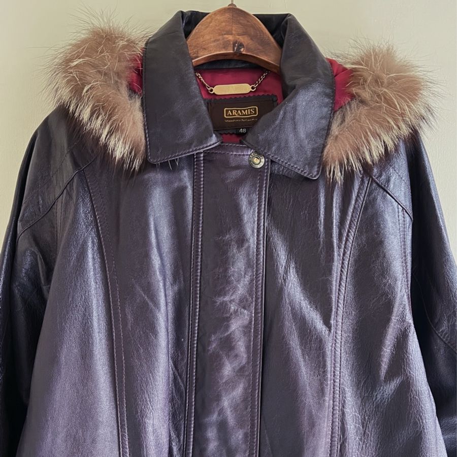 深紫真毛滾邊可拆連帽 古董羊革真皮長版拉鍊外套 Leather jacket-10