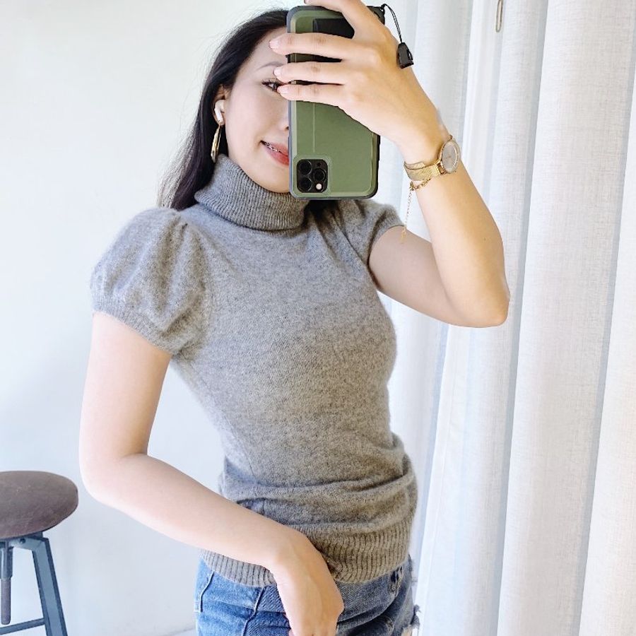 墨灰高領華麗氣質公主澎袖 古董羊絨羊毛衣毛衫cashmere sweater-7