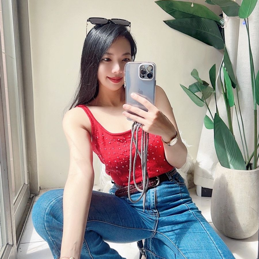 烈焰火紅手縫珠串 古董羊絨羊毛衣細肩背心毛衫 cashmere sweater-3