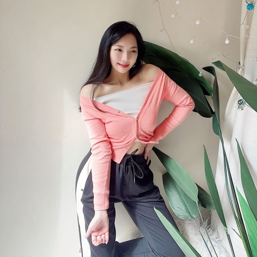 純素雅亮橘膚粉開襟外套 古董羊絨羊毛衣毛衫cashmere sweater-1