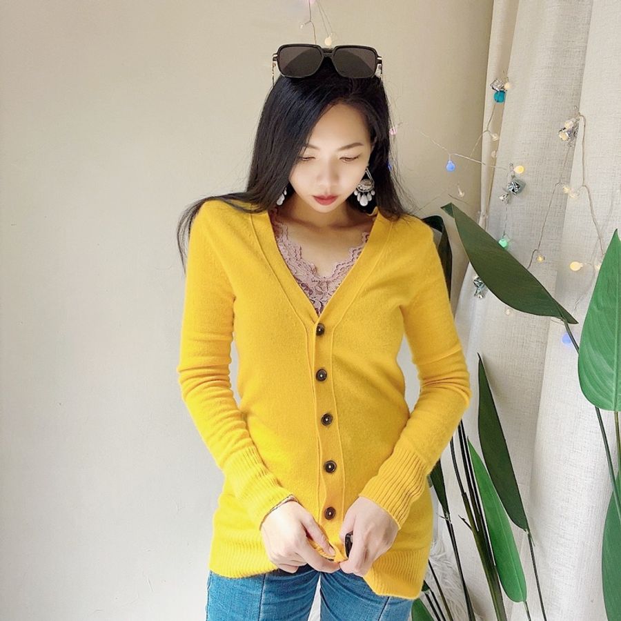鵝黃色長版軟綿開襟外套 古董羊絨羊毛衣毛衫cashmere sweater-8
