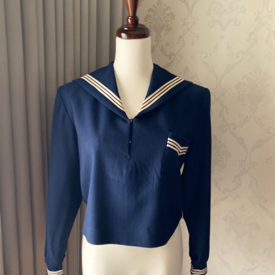 藏私·Collection_日本製純羊毛冬季學生三本線口袋水手服古著上衣-0