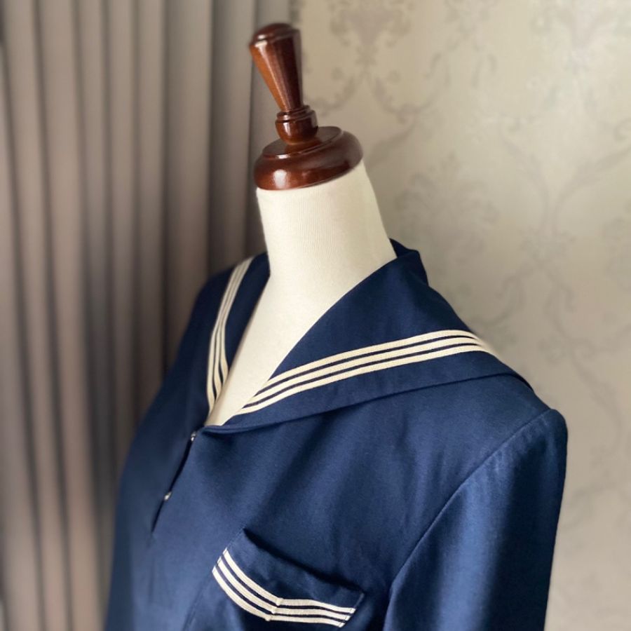 藏私·Collection_日本製純羊毛冬季學生三本線口袋水手服古著上衣-1
