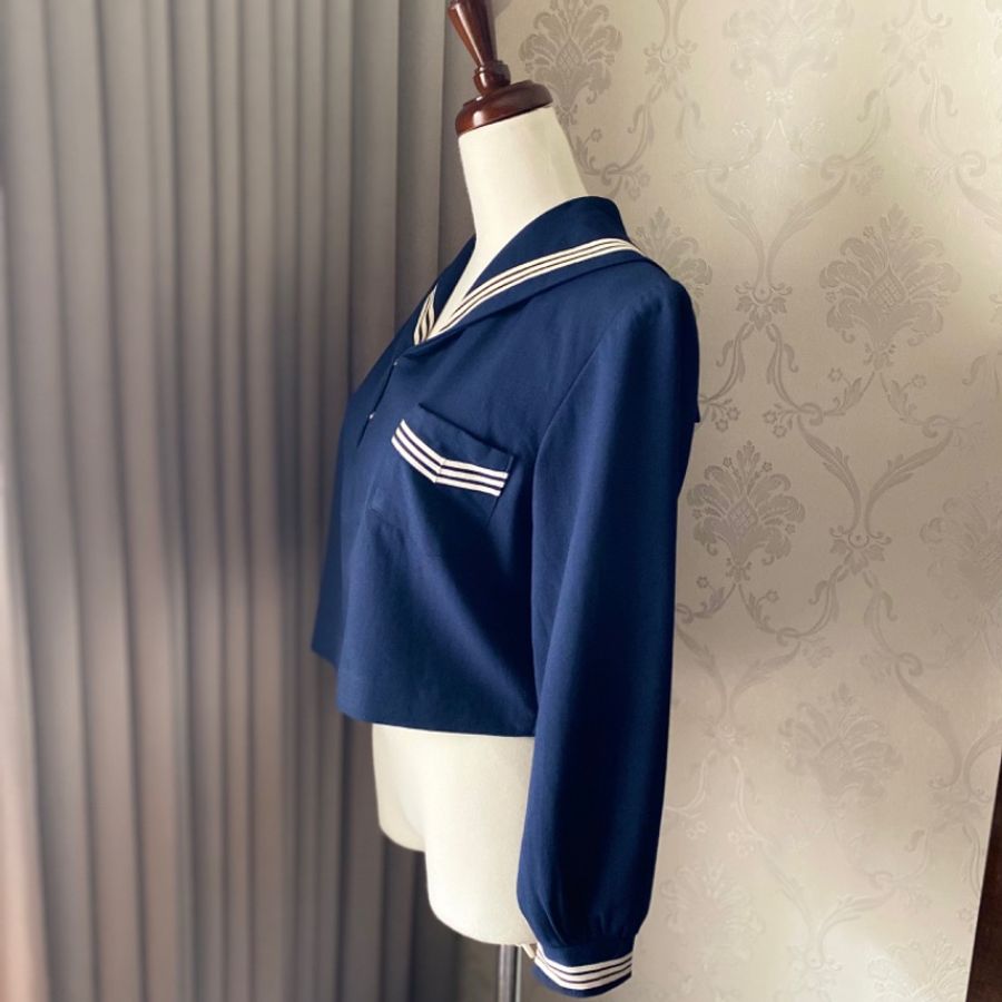 藏私·Collection_日本製純羊毛冬季學生三本線口袋水手服古著上衣-2