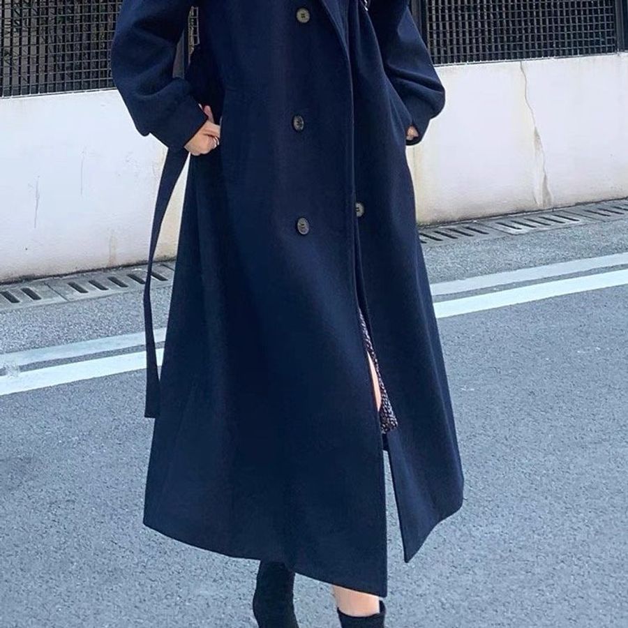 藏青色長板氣質風衣外套-3