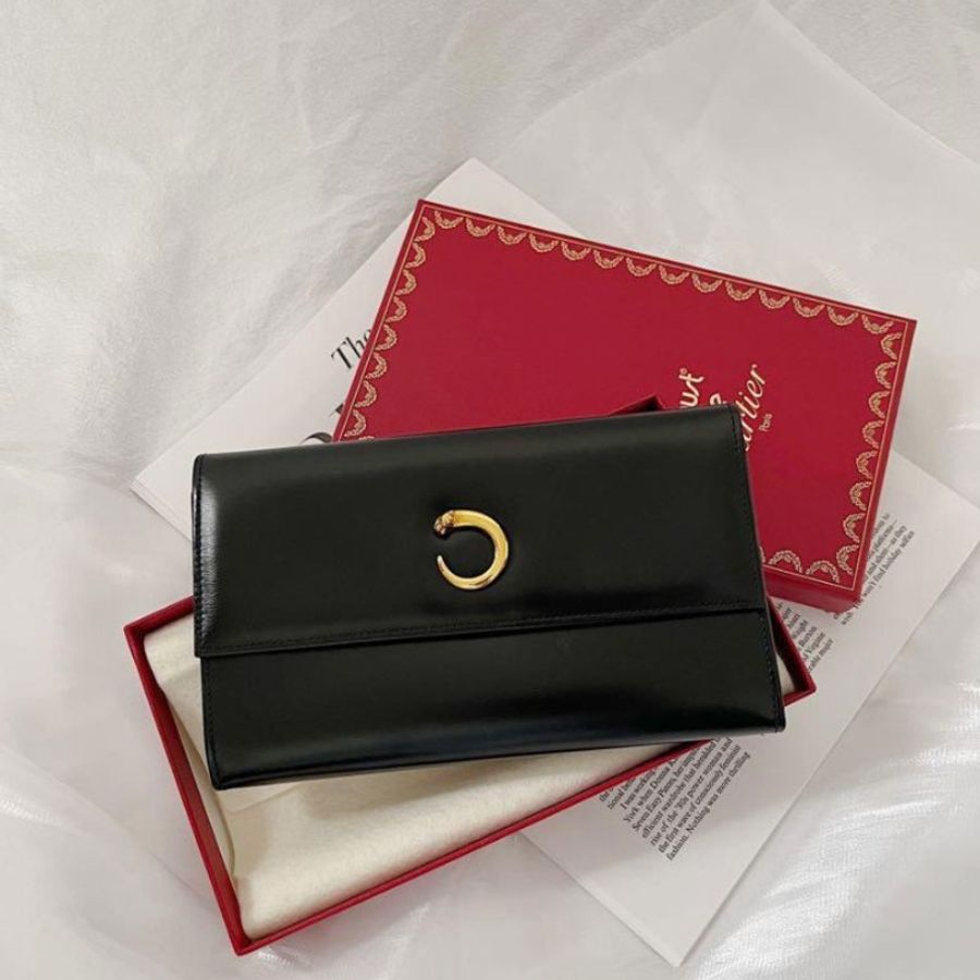 Vintage Cartier黑金豹頭長夾錢包-0