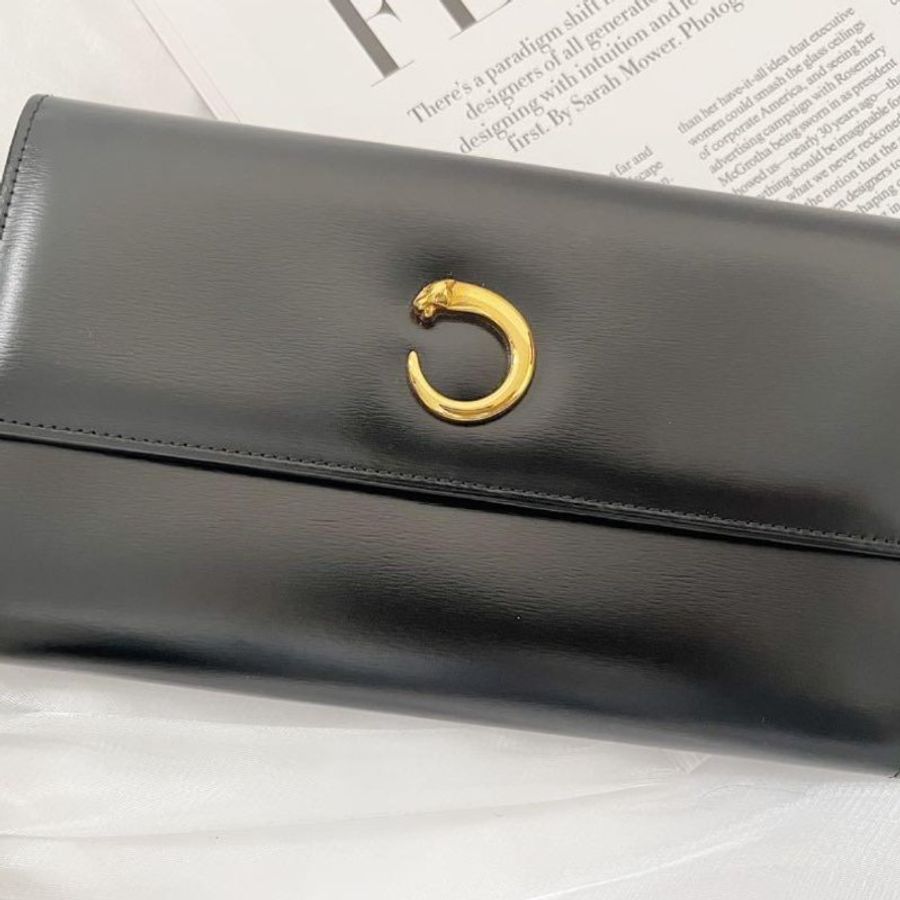 Vintage Cartier黑金豹頭長夾錢包-3