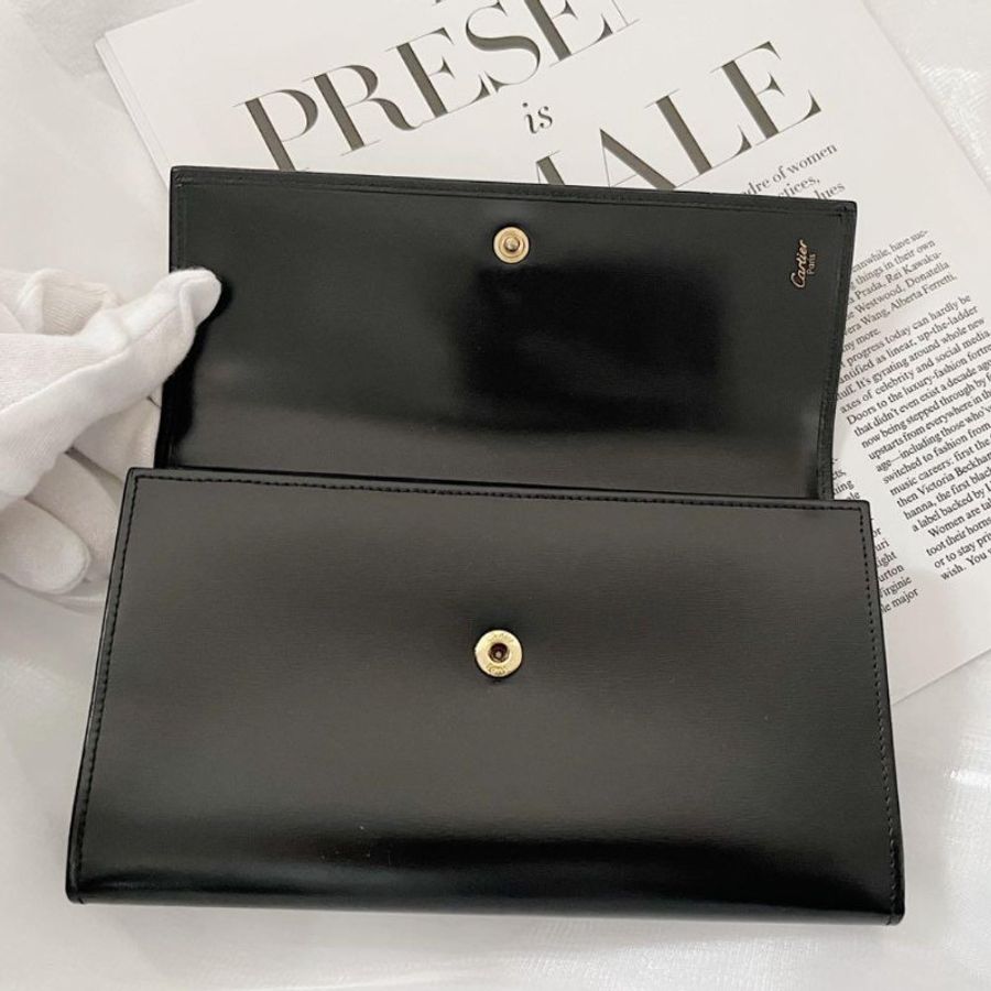 Vintage Cartier黑金豹頭長夾錢包-4