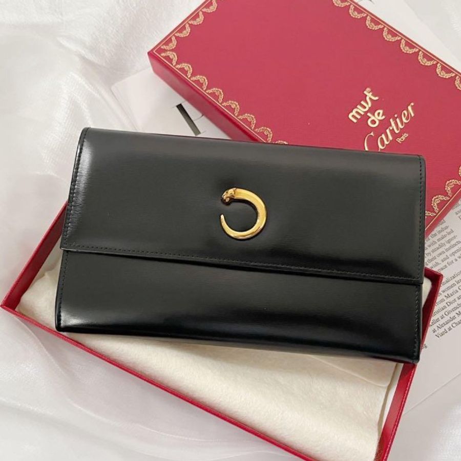 Vintage Cartier黑金豹頭長夾錢包-9