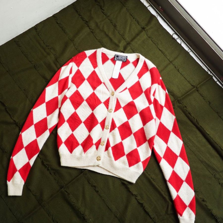 versace菱格紋金絲線開襟外套 喀什米爾羊絨毛衣cashmere sweater-0