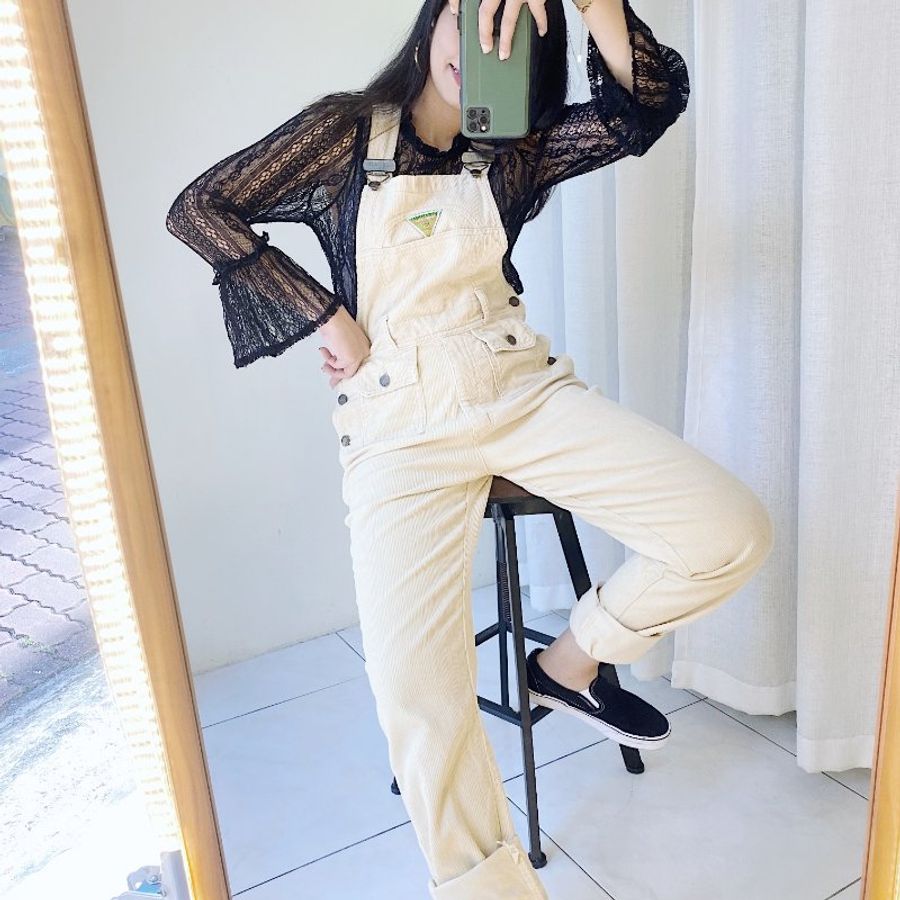 used pinpai 米白簡約 古著粗燈芯絨連身褲吊帶褲 overalls-2