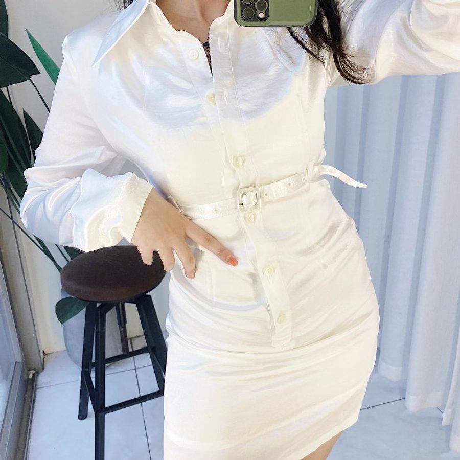 純白光澤絲滑緞面合身腰帶 古著洋裝連衣裙連身裙 vintage dress-1