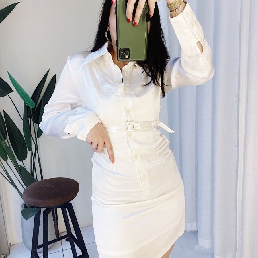 純白光澤絲滑緞面合身腰帶 古著洋裝連衣裙連身裙 vintage dress-2
