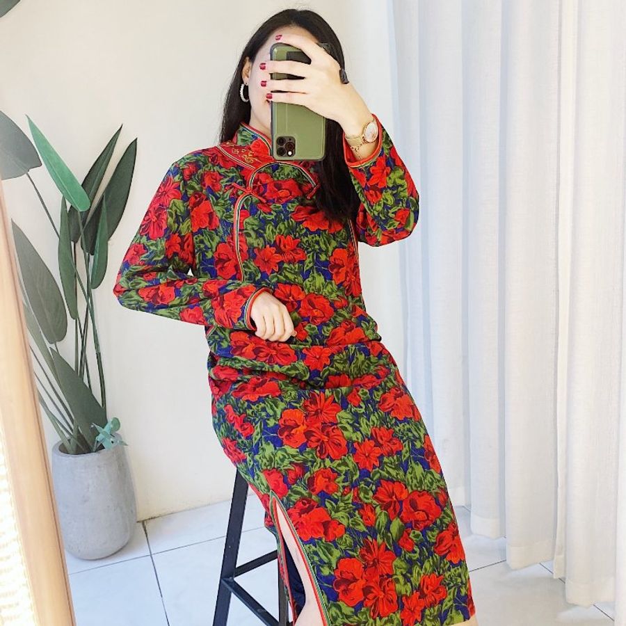 豔紅x深藍雙色中式旗袍 古著滑布洋裝連衣裙連身裙 vintage dress-0