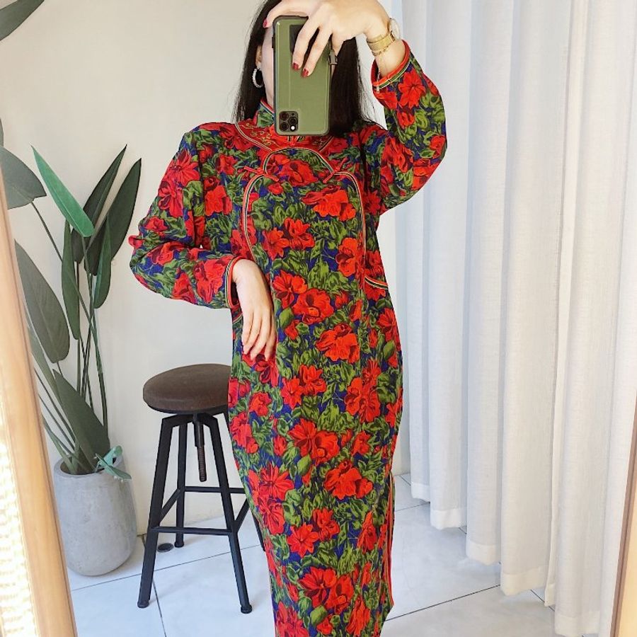 豔紅x深藍雙色中式旗袍 古著滑布洋裝連衣裙連身裙 vintage dress-1
