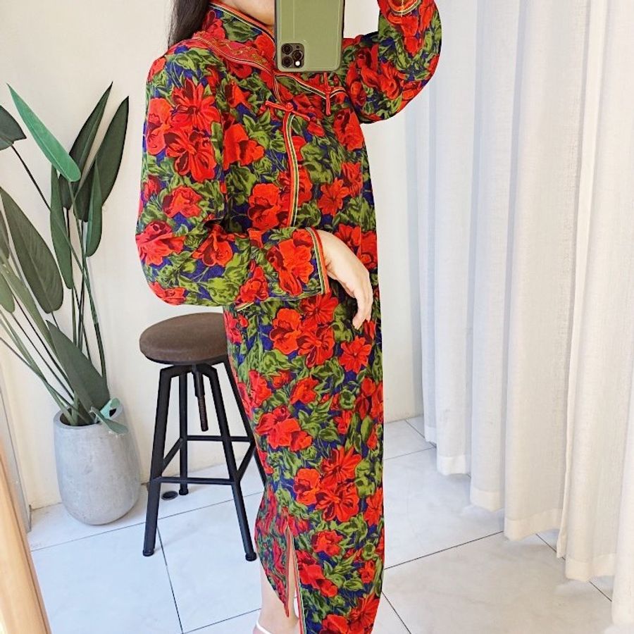 豔紅x深藍雙色中式旗袍 古著滑布洋裝連衣裙連身裙 vintage dress-2
