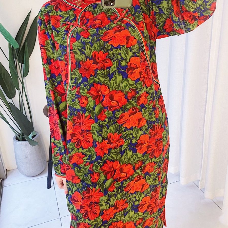 豔紅x深藍雙色中式旗袍 古著滑布洋裝連衣裙連身裙 vintage dress-3