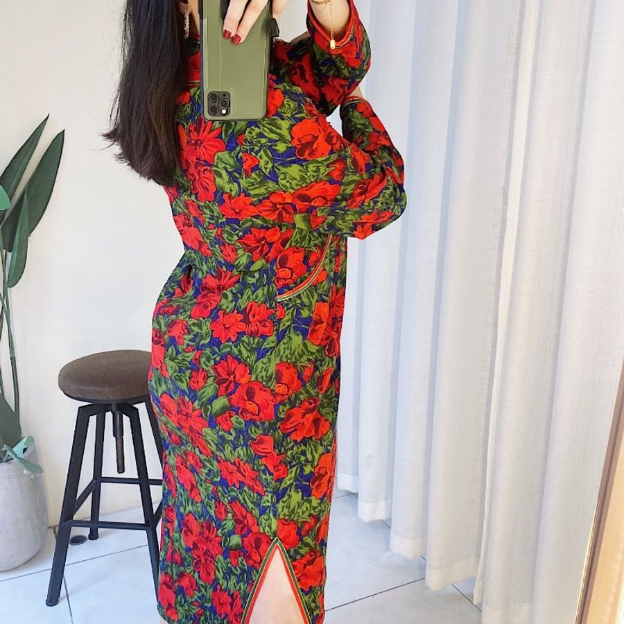 豔紅x深藍雙色中式旗袍 古著滑布洋裝連衣裙連身裙 vintage dress-4