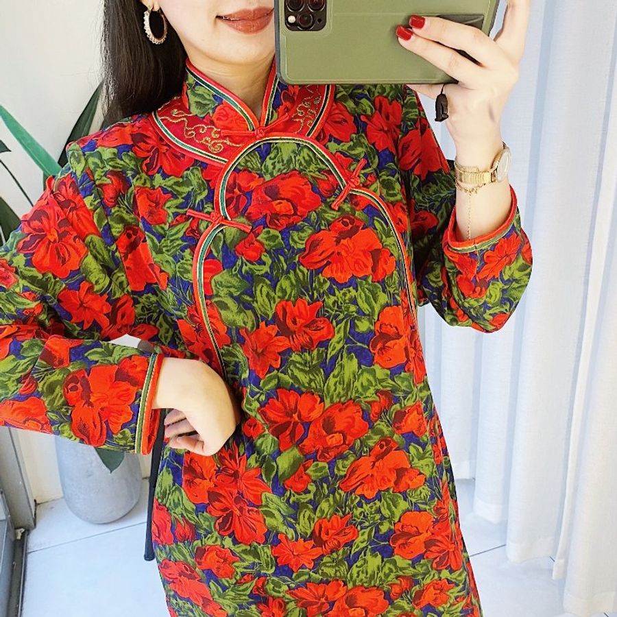 豔紅x深藍雙色中式旗袍 古著滑布洋裝連衣裙連身裙 vintage dress-5