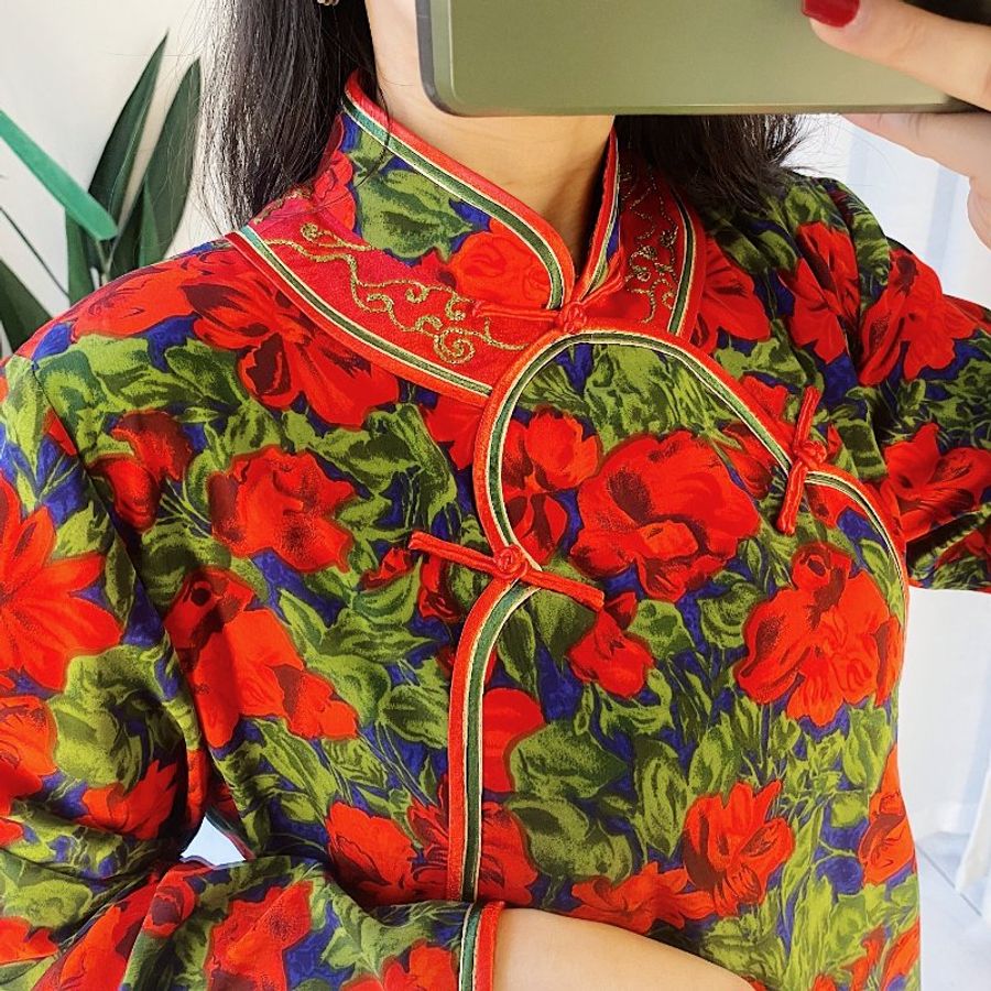 豔紅x深藍雙色中式旗袍 古著滑布洋裝連衣裙連身裙 vintage dress-6
