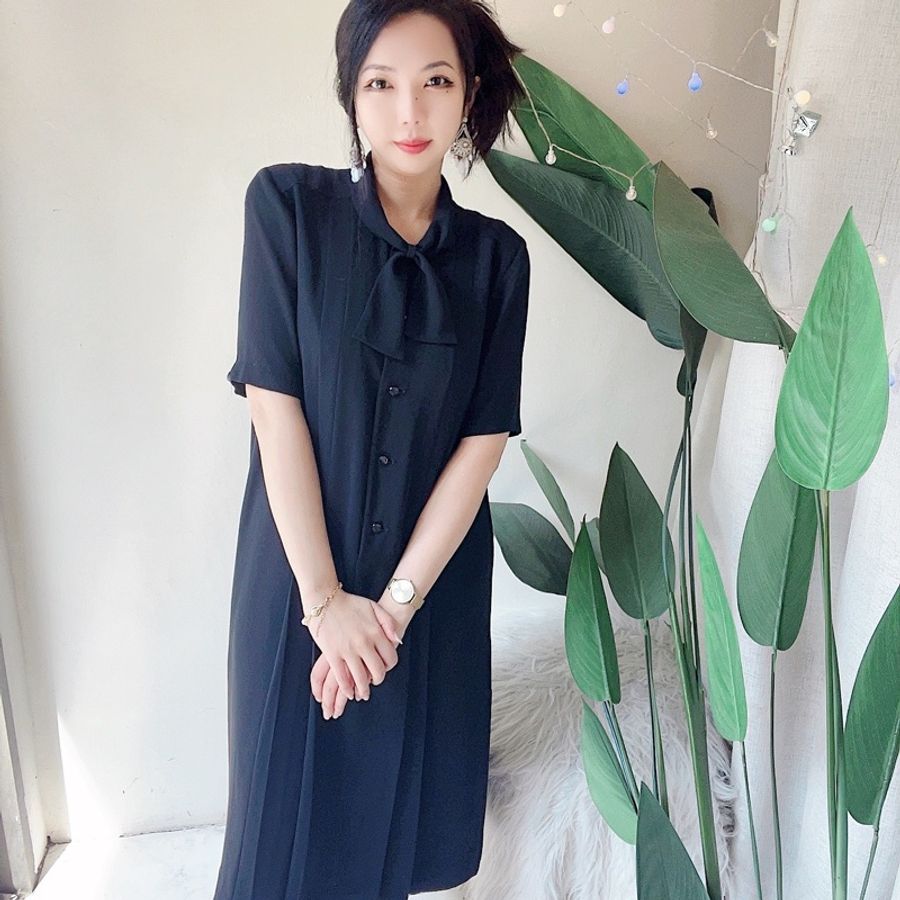 純素黑領部結打摺直筒 古著紡紗洋裝連衣裙連身裙 vintage dress-1