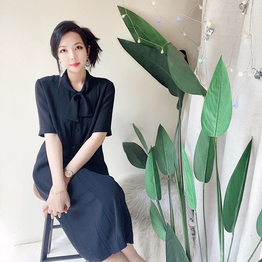 純素黑領部結打摺直筒 古著紡紗洋裝連衣裙連身裙 vintage dress-2