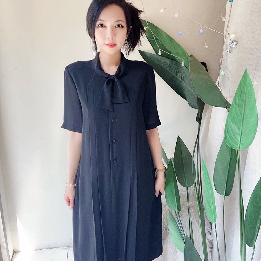 純素黑領部結打摺直筒 古著紡紗洋裝連衣裙連身裙 vintage dress-3