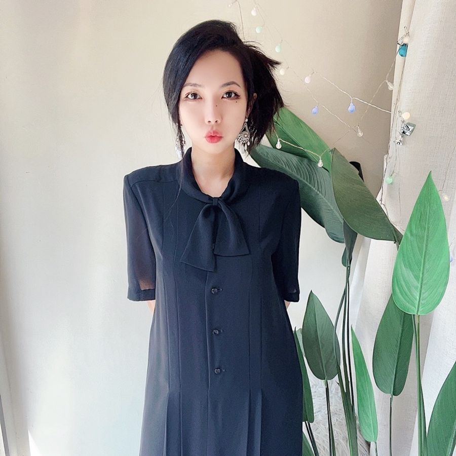 純素黑領部結打摺直筒 古著紡紗洋裝連衣裙連身裙 vintage dress-5