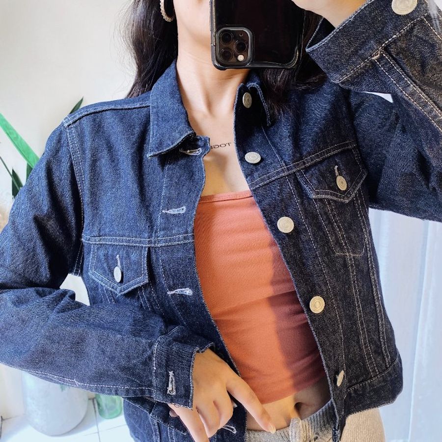 經典藍黑色短版率性俐落少女 古著翻領棉質牛仔外套 vintage coat-5