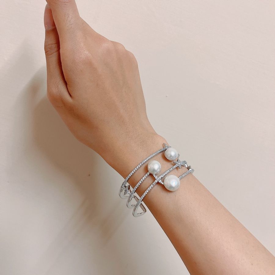 apm monaco COLLECTION ETERNELLE 三珍珠星星開口手鐲 - 銀白色-2