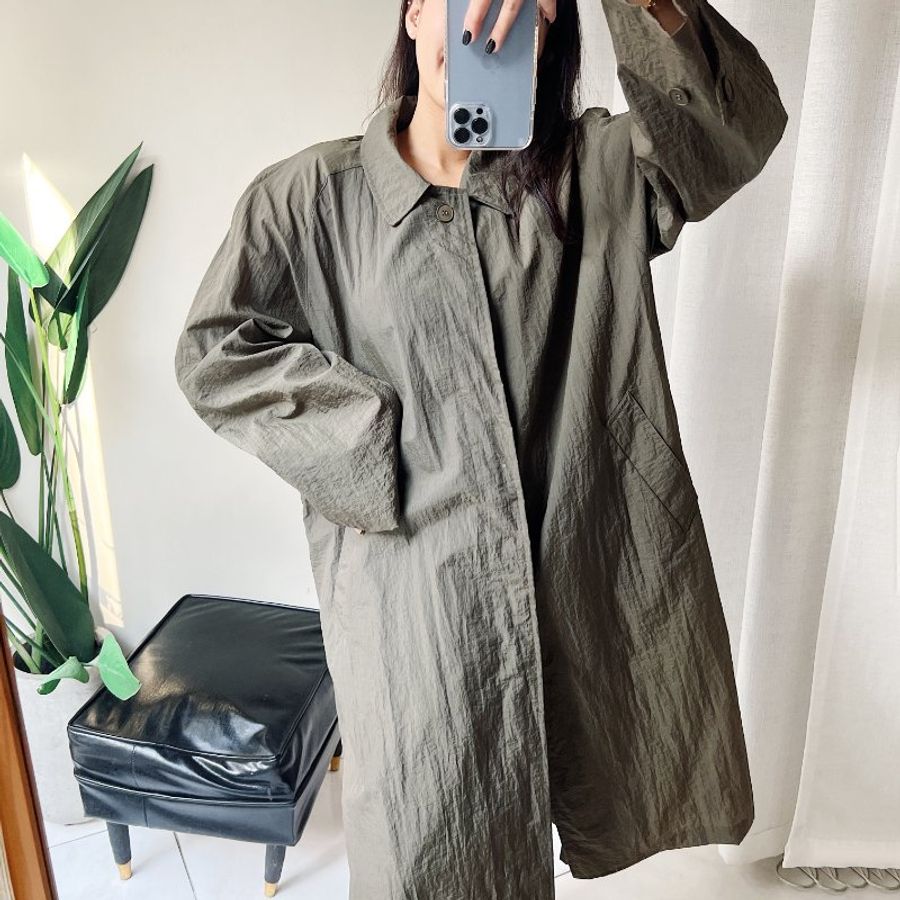 軍綠抓皺素面寬鬆排釦 古董極薄質風衣外套 dustcoat jacket-1