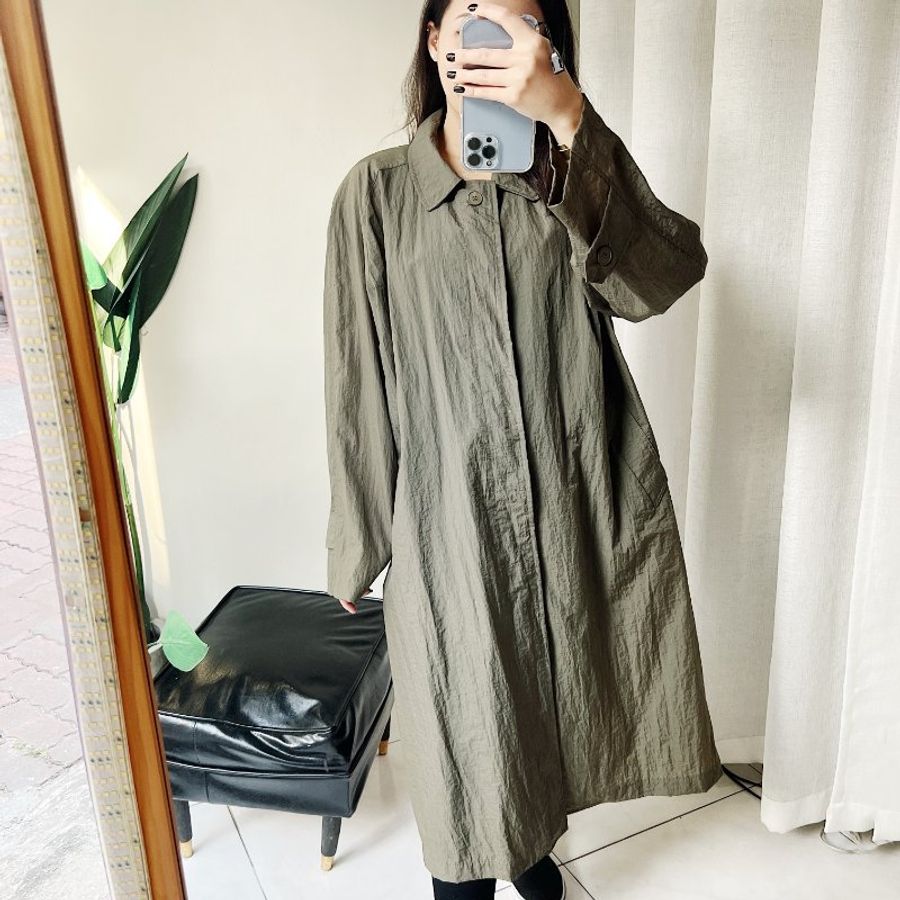 軍綠抓皺素面寬鬆排釦 古董極薄質風衣外套 dustcoat jacket-2