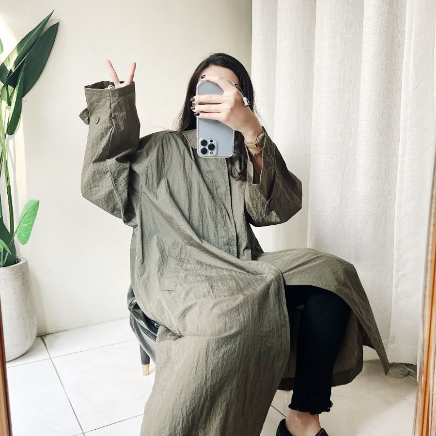 軍綠抓皺素面寬鬆排釦 古董極薄質風衣外套 dustcoat jacket-3
